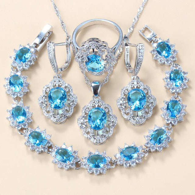 Garnet Cubic Zirconia Earrings Pendant Necklace Bracelet Ring Gift 4 PCs Set LaDidier Jewelry
