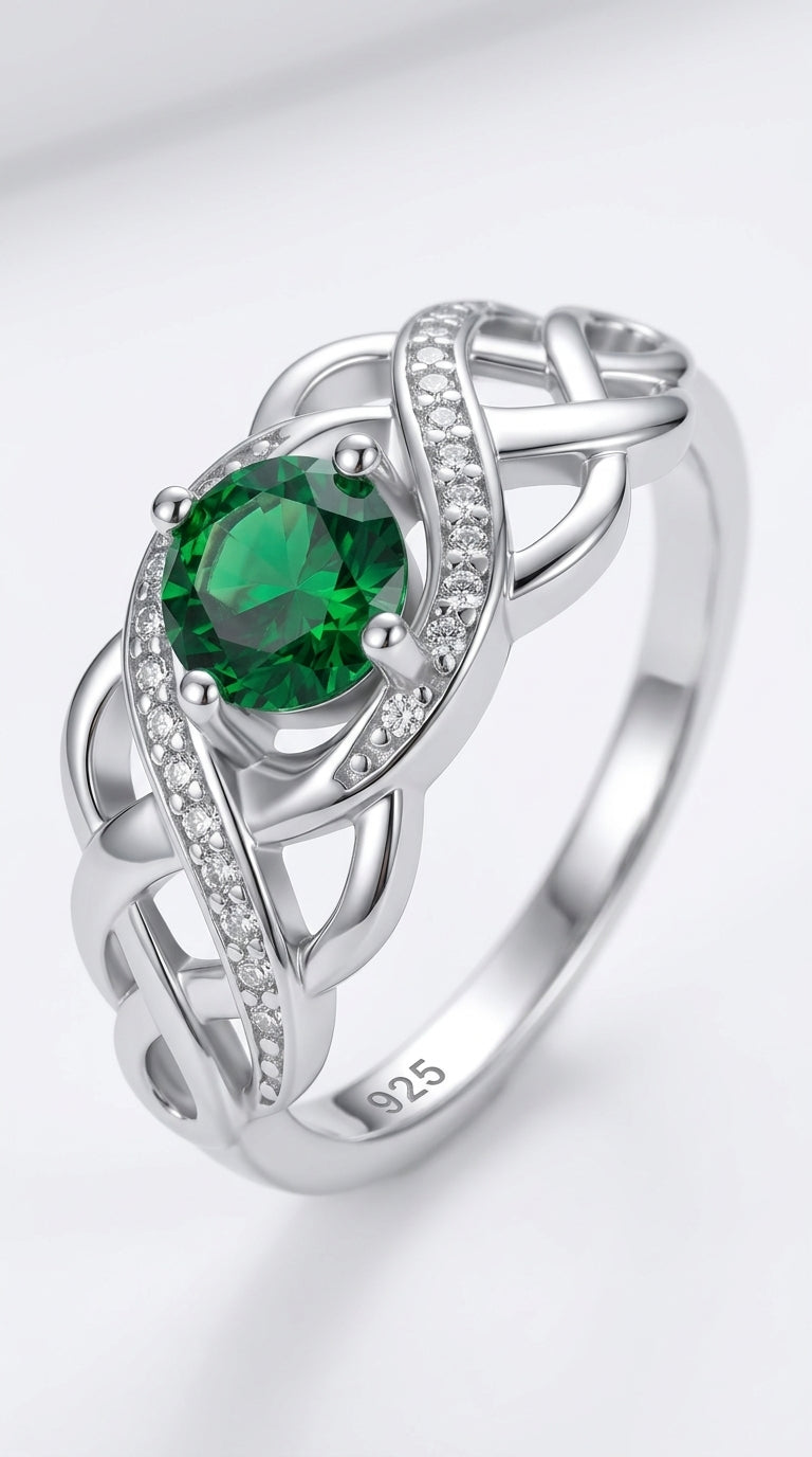 Lwsary Celtic Knot Ring 925 Sterling Silver Infinity Twisted Ring Statement Rings Simulated Emerald May Birthstone Jewelry Gifts for Women Size 6