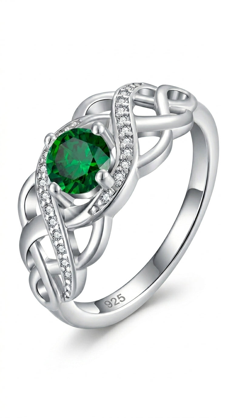 Lwsary Celtic Knot Ring 925 Sterling Silver Infinity Twisted Ring Statement Rings Simulated Emerald May Birthstone Jewelry Gifts for Women Size 6