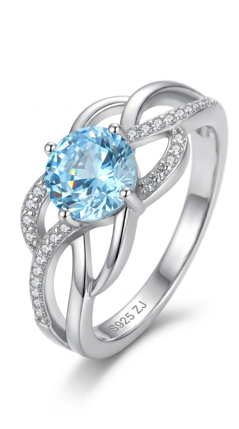 YL Celtic Knot Rings 925 Sterling Silver Twisted Ring Created Aquamarine Infinity Statement Rings for Women-size5