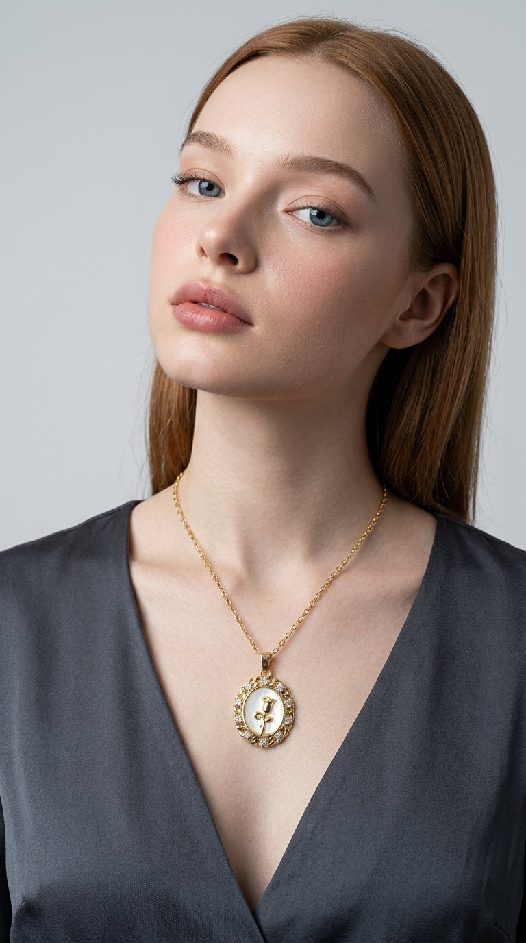 Retro White Shell Rose Necklace Copper Plated Real Gold Diamond-embedded