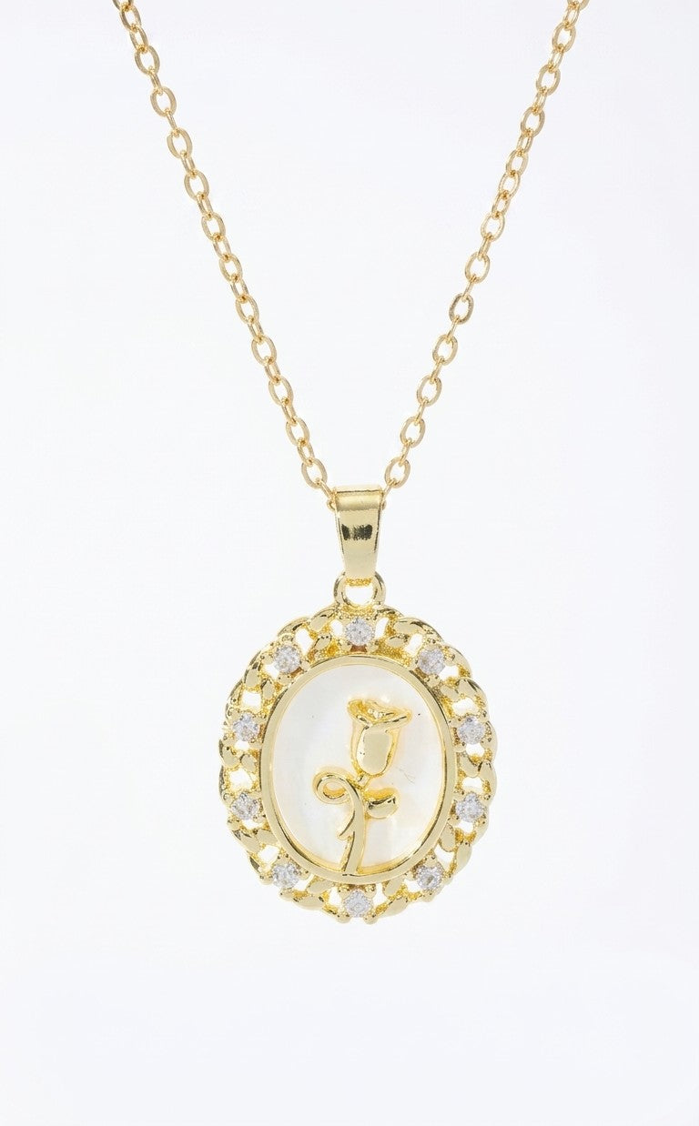 Retro White Shell Rose Necklace Copper Plated Real Gold Diamond-embedded