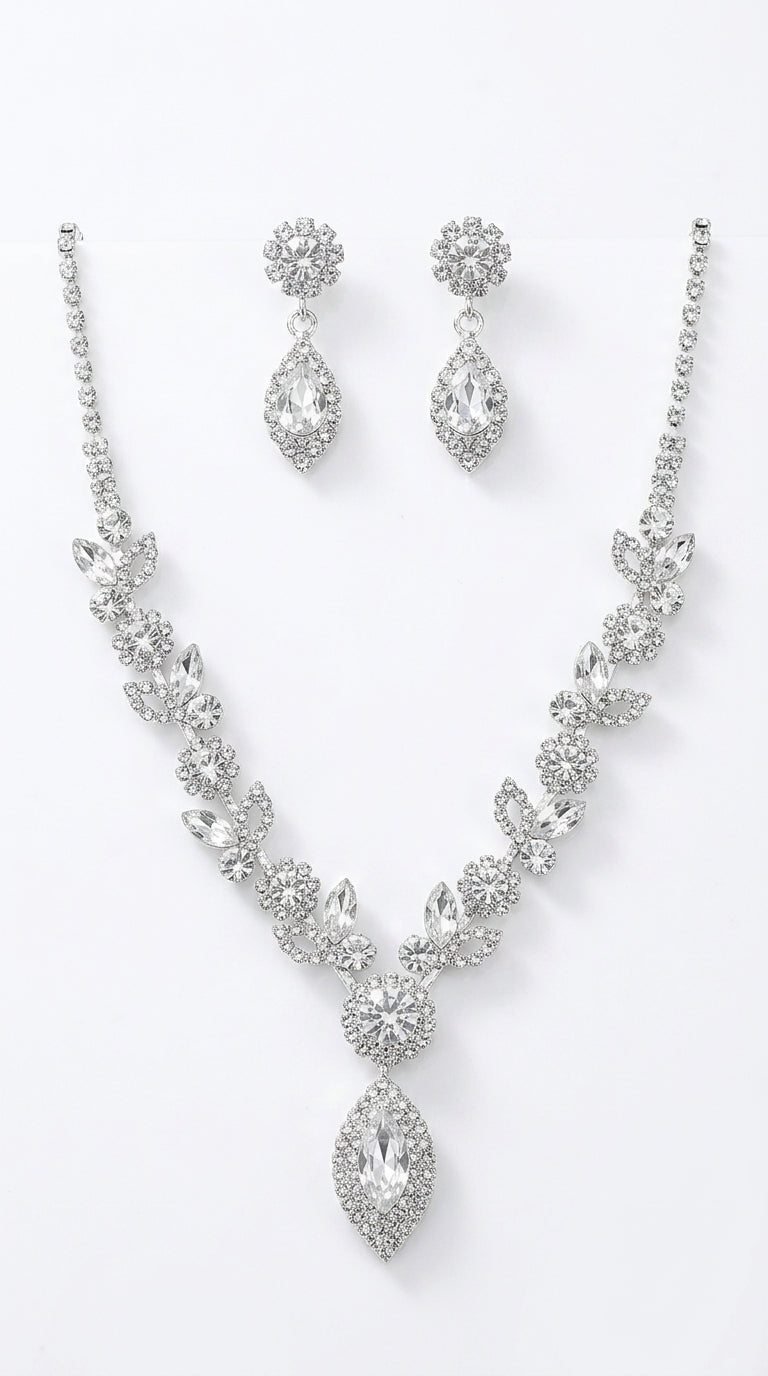Bridal White Crystal Floral Jewelry Set