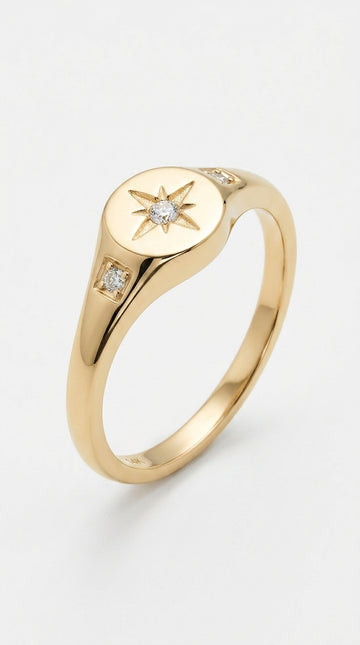 Mameloly 14K Gold Plated CZ Wedding Bands for Women Stackable North Star Signet Ring Dainty Statement Rings for Her Size 5.5