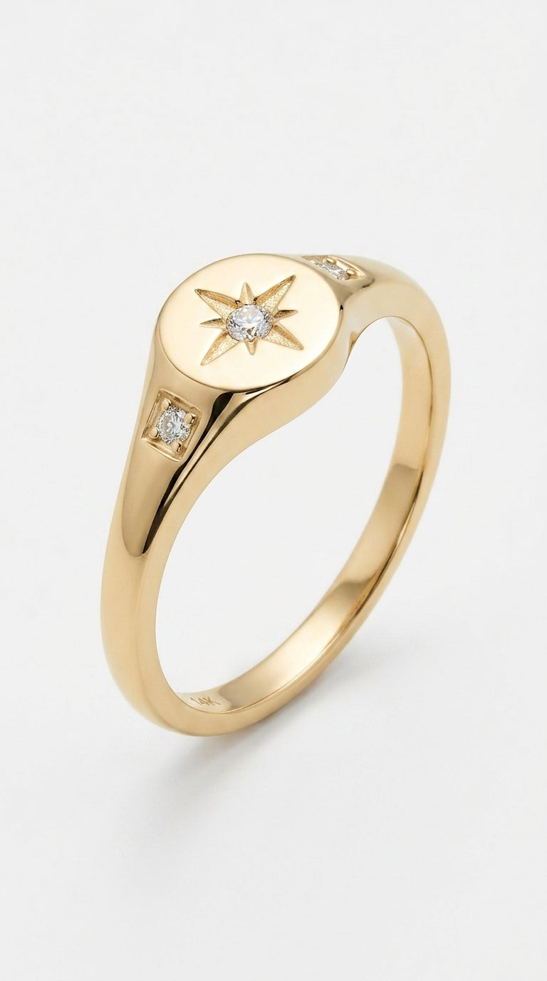 Mameloly 14K Gold Plated CZ Wedding Bands for Women Stackable North Star Signet Ring Dainty Statement Rings for Her Size 5.5