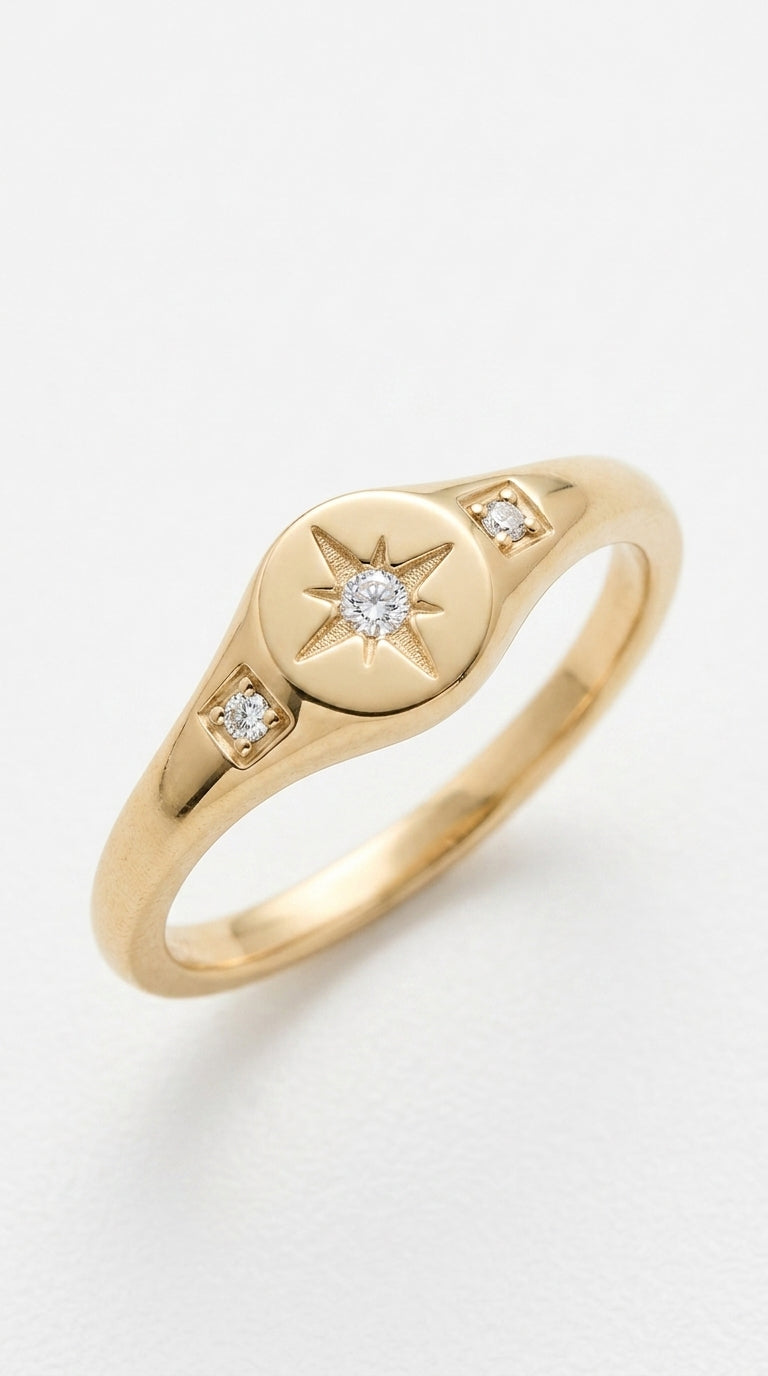 Mameloly 14K Gold Plated CZ Wedding Bands for Women Stackable North Star Signet Ring Dainty Statement Rings for Her Size 5.5