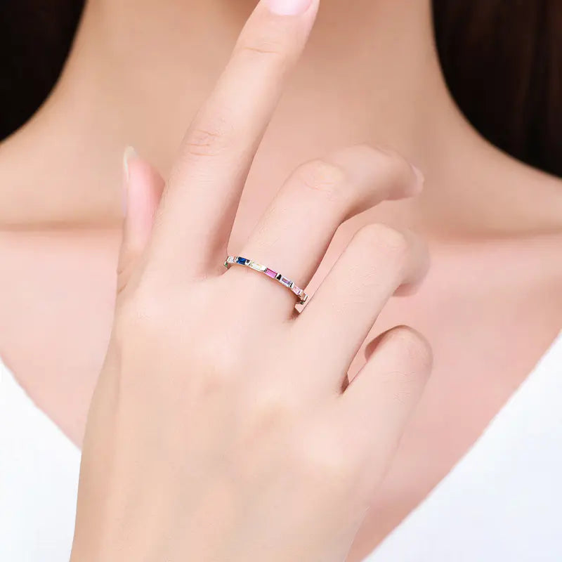 Geometric Rainbow Full Diamond Stackable Silver Ring