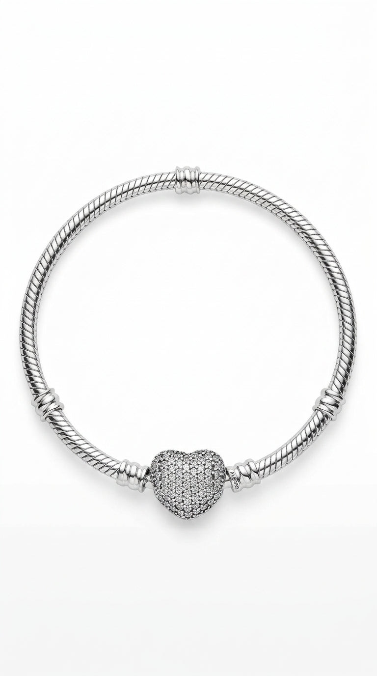 QIKAOLA Bracelet for Women 925 Sterling Silver Snake Chain Bracelet with Heart Clasp Bracelet Fits for Pandora Charm Beads Jewellery Bracelets