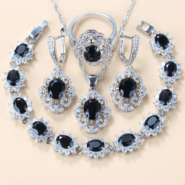 Garnet Cubic Zirconia Earrings Pendant Necklace Bracelet Ring Gift 4 PCs Set LaDidier Jewelry