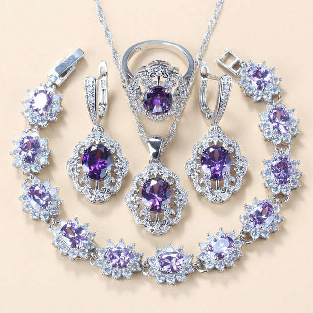Garnet Cubic Zirconia Earrings Pendant Necklace Bracelet Ring Gift 4 PCs Set LaDidier Jewelry