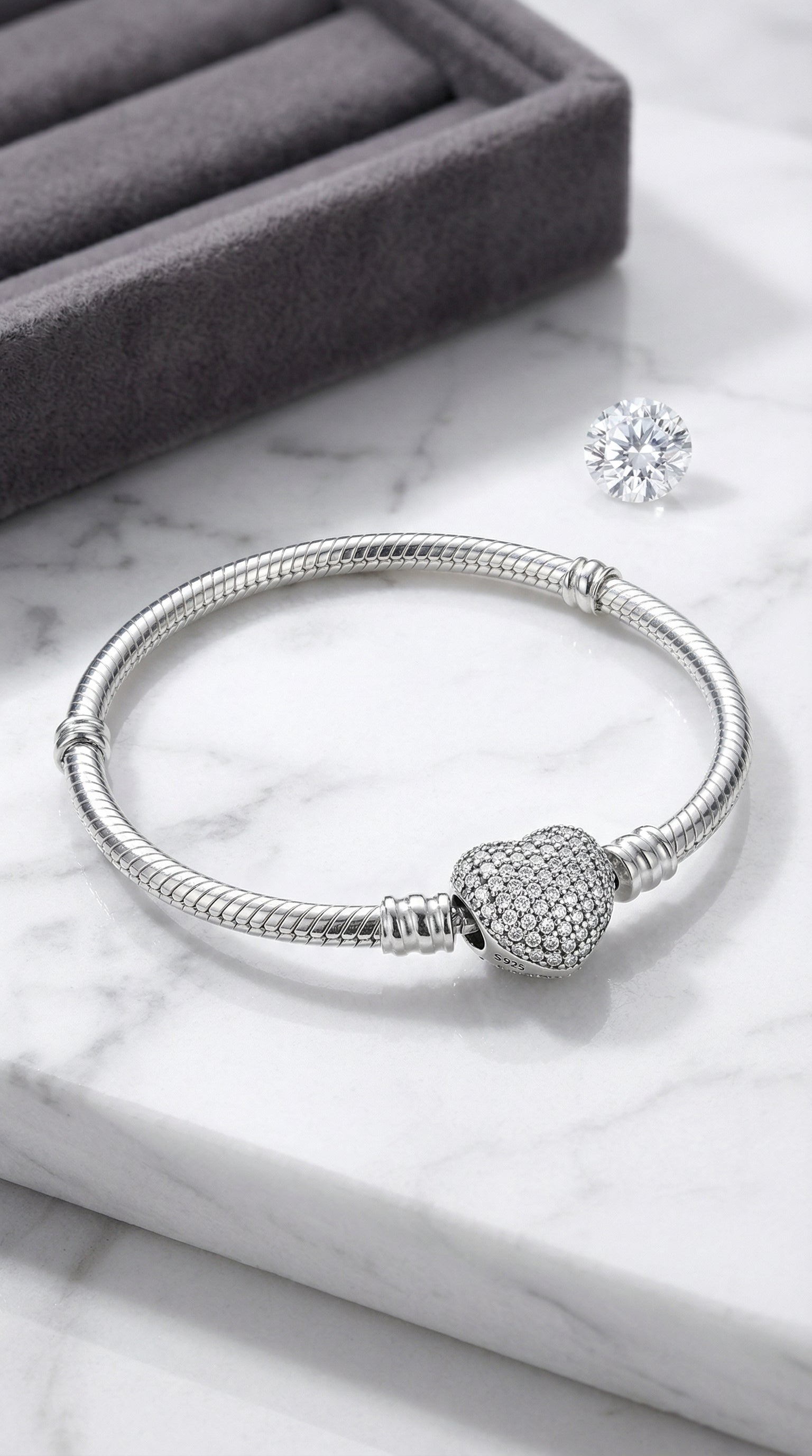 QIKAOLA Bracelet for Women 925 Sterling Silver Snake Chain Bracelet with Heart Clasp Bracelet Fits for Pandora Charm Beads Jewellery Bracelets
