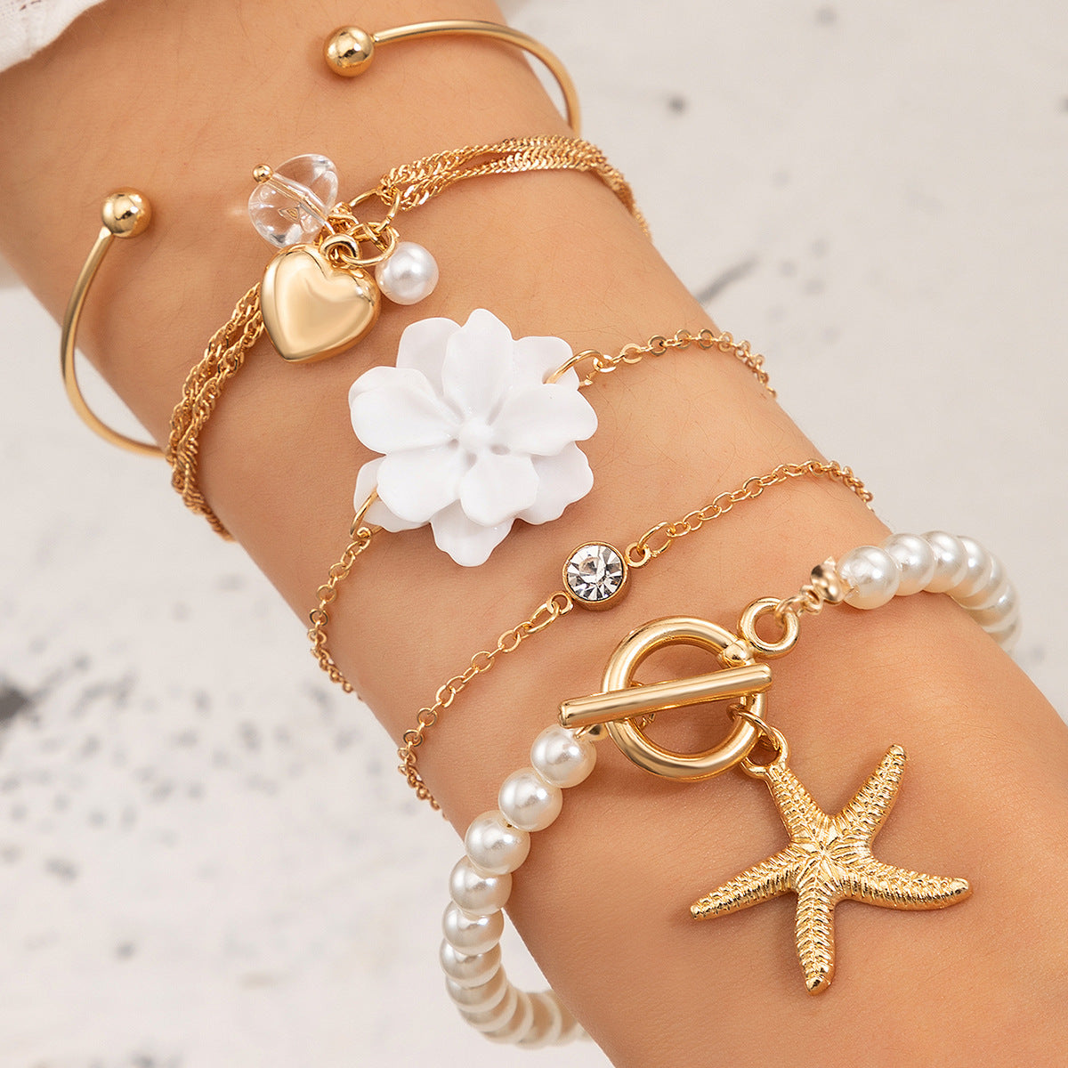 Boho Style Flower Starfish Buckle Circle Bracelet Set