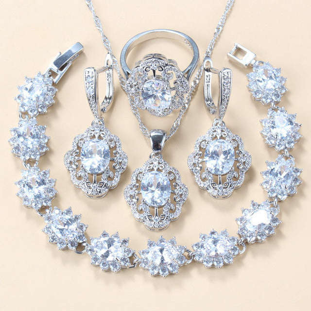 Garnet Cubic Zirconia Earrings Pendant Necklace Bracelet Ring Gift 4 PCs Set LaDidier Jewelry