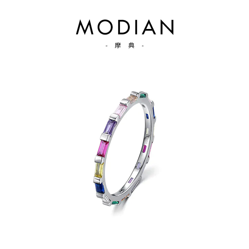 Geometric Rainbow Full Diamond Stackable Silver Ring