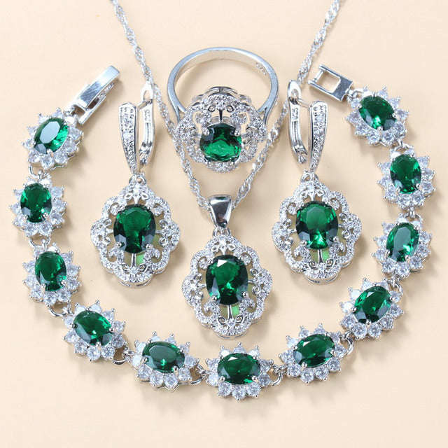 Garnet Cubic Zirconia Earrings Pendant Necklace Bracelet Ring Gift 4 PCs Set LaDidier Jewelry