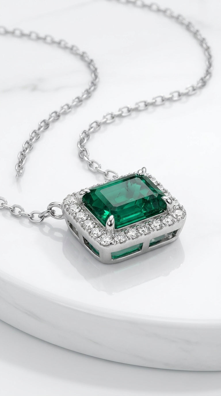 Lab-Grown Emerald Rectangle Pendant Necklace