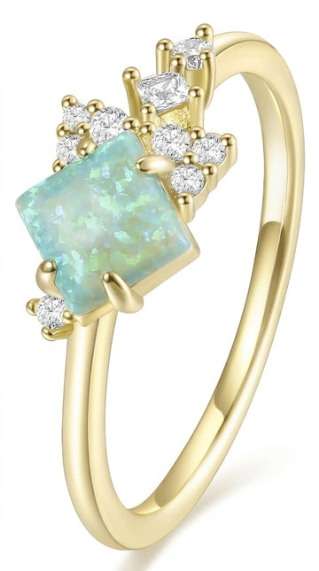 Mameloly 14K Gold Plated Created Opal Rings Princess Cut Dainty CZ Wedding Band Thin Stackable Cubic Zirconia Promise Engagement Ring for Women Size 4