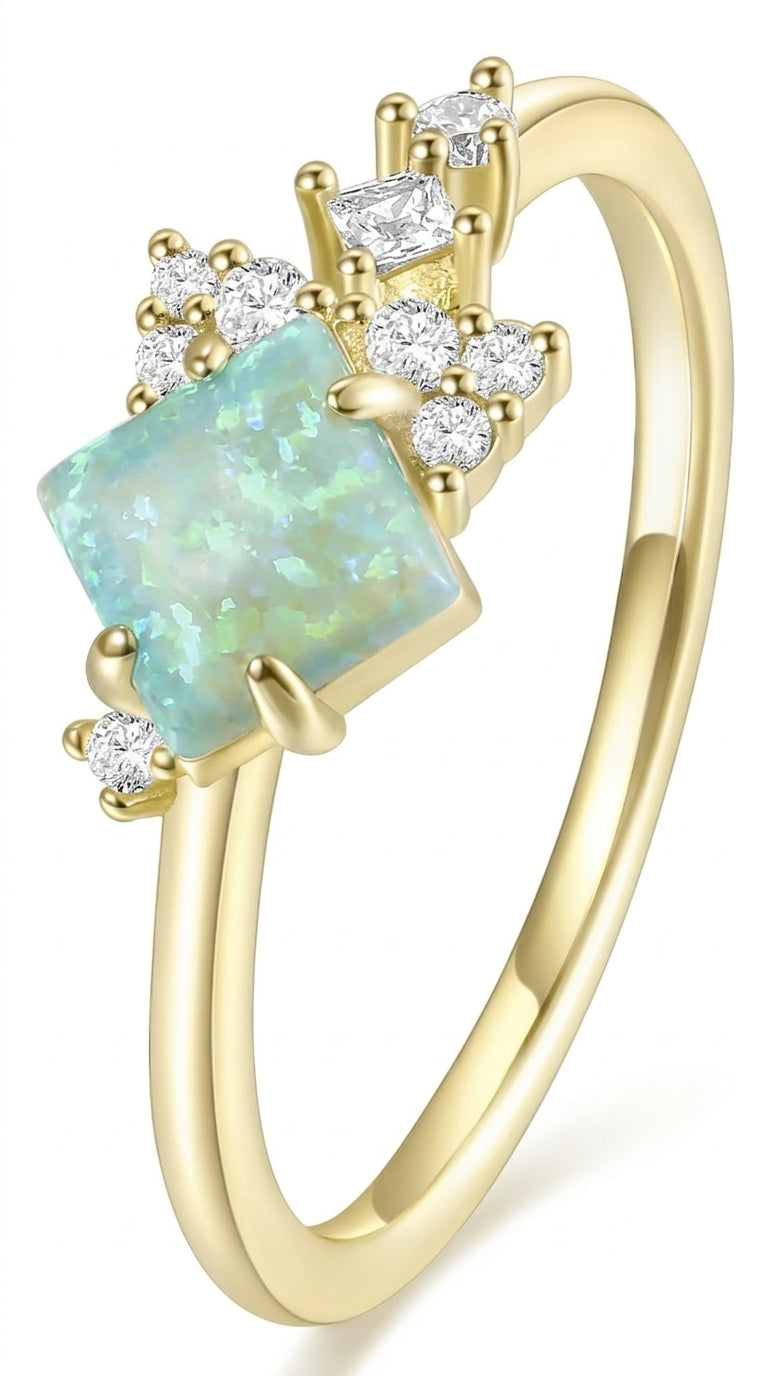 Mameloly 14K Gold Plated Created Opal Rings Princess Cut Dainty CZ Wedding Band Thin Stackable Cubic Zirconia Promise Engagement Ring for Women Size 4
