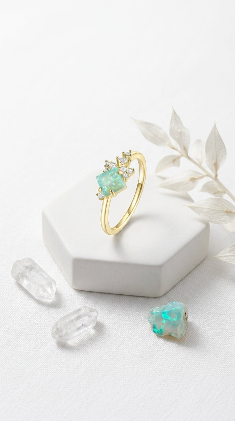 Mameloly 14K Gold Plated Created Opal Rings Princess Cut Dainty CZ Wedding Band Thin Stackable Cubic Zirconia Promise Engagement Ring for Women Size 4