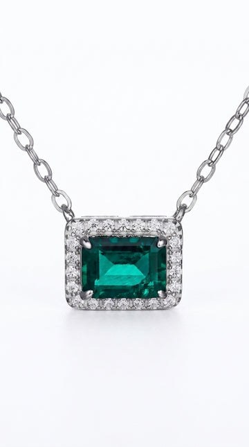 Lab-Grown Emerald Rectangle Pendant Necklace