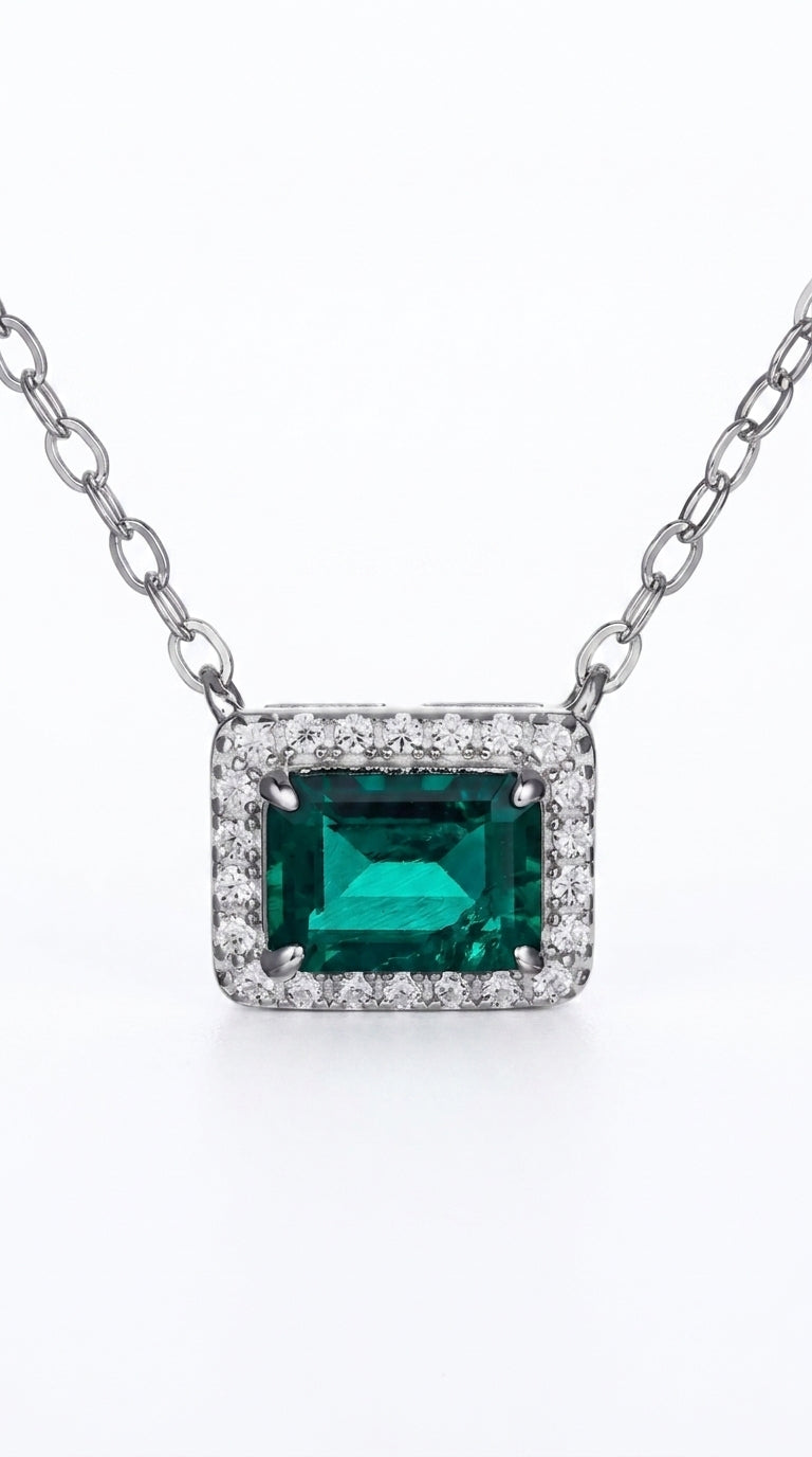 Lab-Grown Emerald Rectangle Pendant Necklace