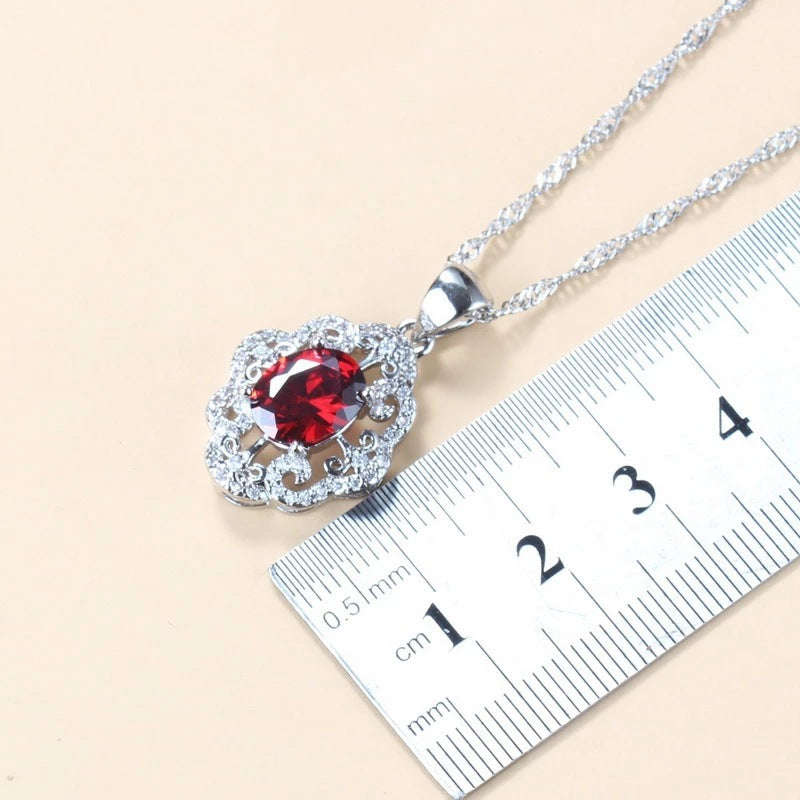 Garnet Cubic Zirconia Earrings Pendant Necklace Bracelet Ring Gift 4 PCs Set LaDidier Jewelry