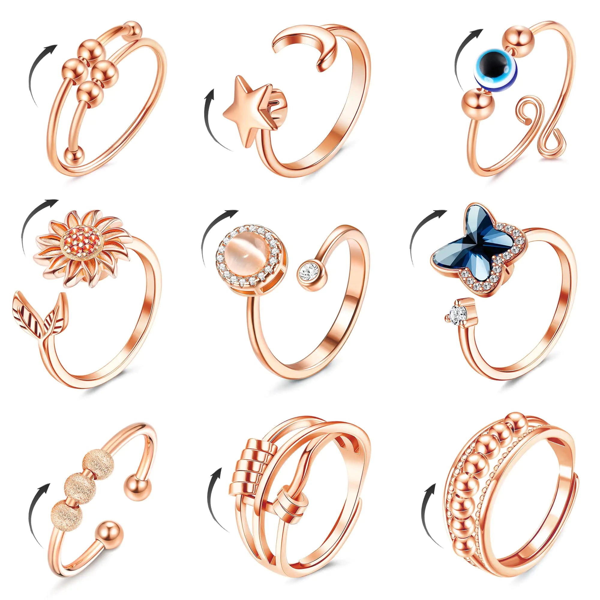 FIBO STEEL 9 Pcs Fidget Anxiety Rings for Women Men Spinner Rings for Anxiety Relieving Stress Open CZ Flower Moon Star Anti Rotatable Rings Adjustable