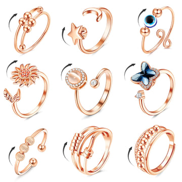 FIBO STEEL 9 Pcs Fidget Anxiety Rings for Women Men Spinner Rings for Anxiety Relieving Stress Open CZ Flower Moon Star Anti Rotatable Rings Adjustable
