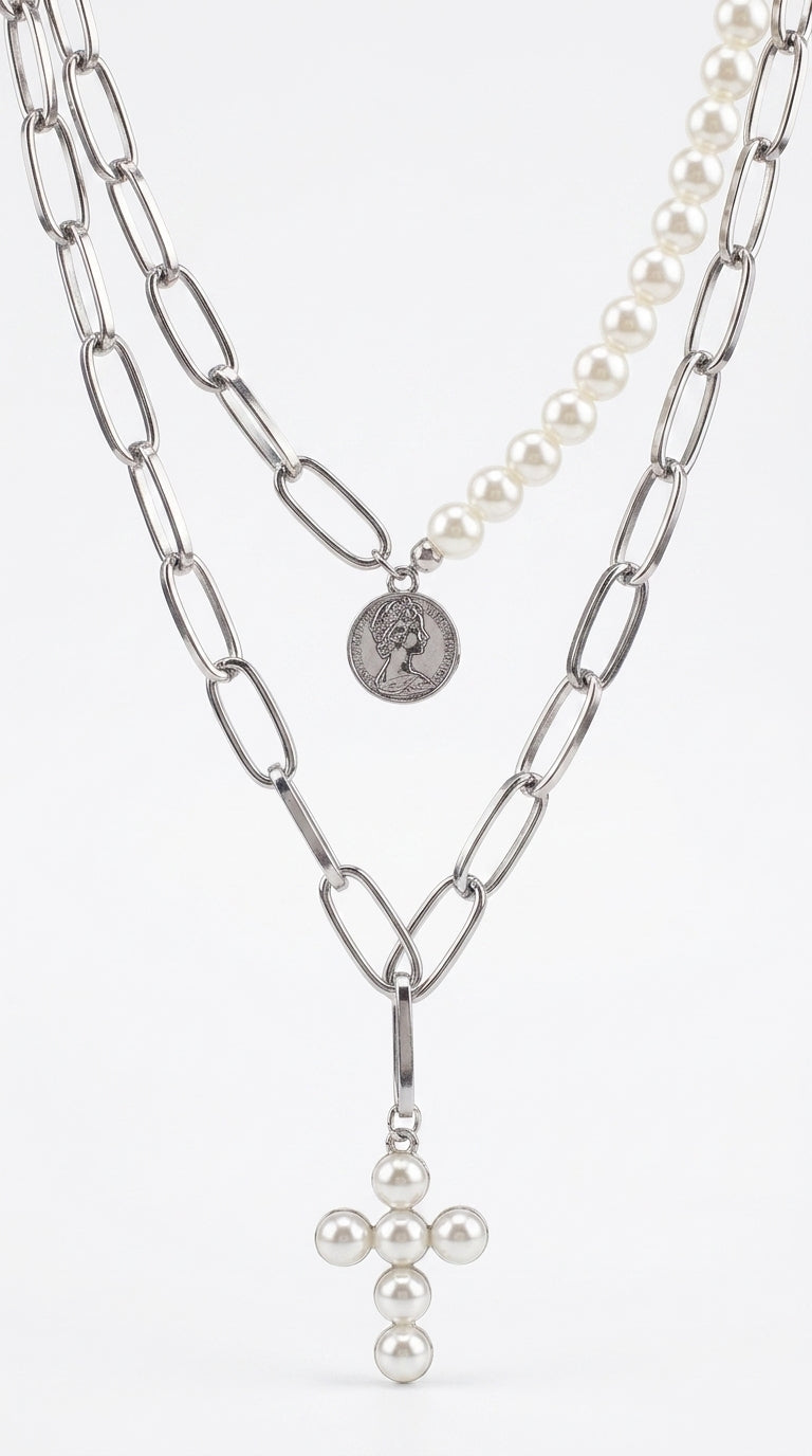 Luxury Design Imitation Pearls Choker Necklace Female Cross Pendant Necklaces for Women Gold Color Fashion Coin Jewelry
