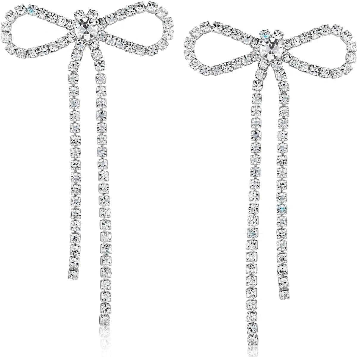 Silver Bow Earrings for Women - Long Silver Earrings for Women Silver Tone Bow Stud Earrings for Women Dangling Earrings for Women Sparkly Dangle Earrings Bow Earrings Silver Statement Earrings
