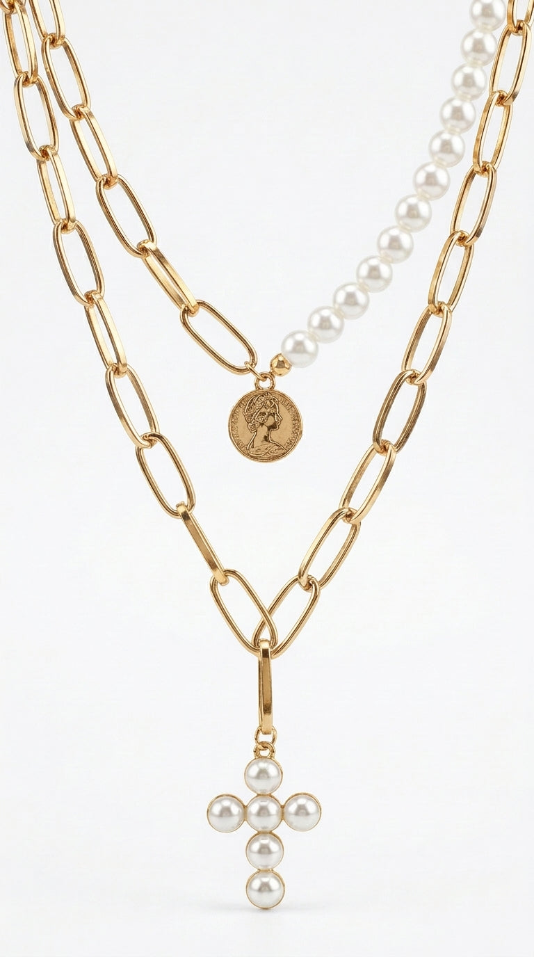Luxury Design Imitation Pearls Choker Necklace Female Cross Pendant Necklaces for Women Gold Color Fashion Coin Jewelry