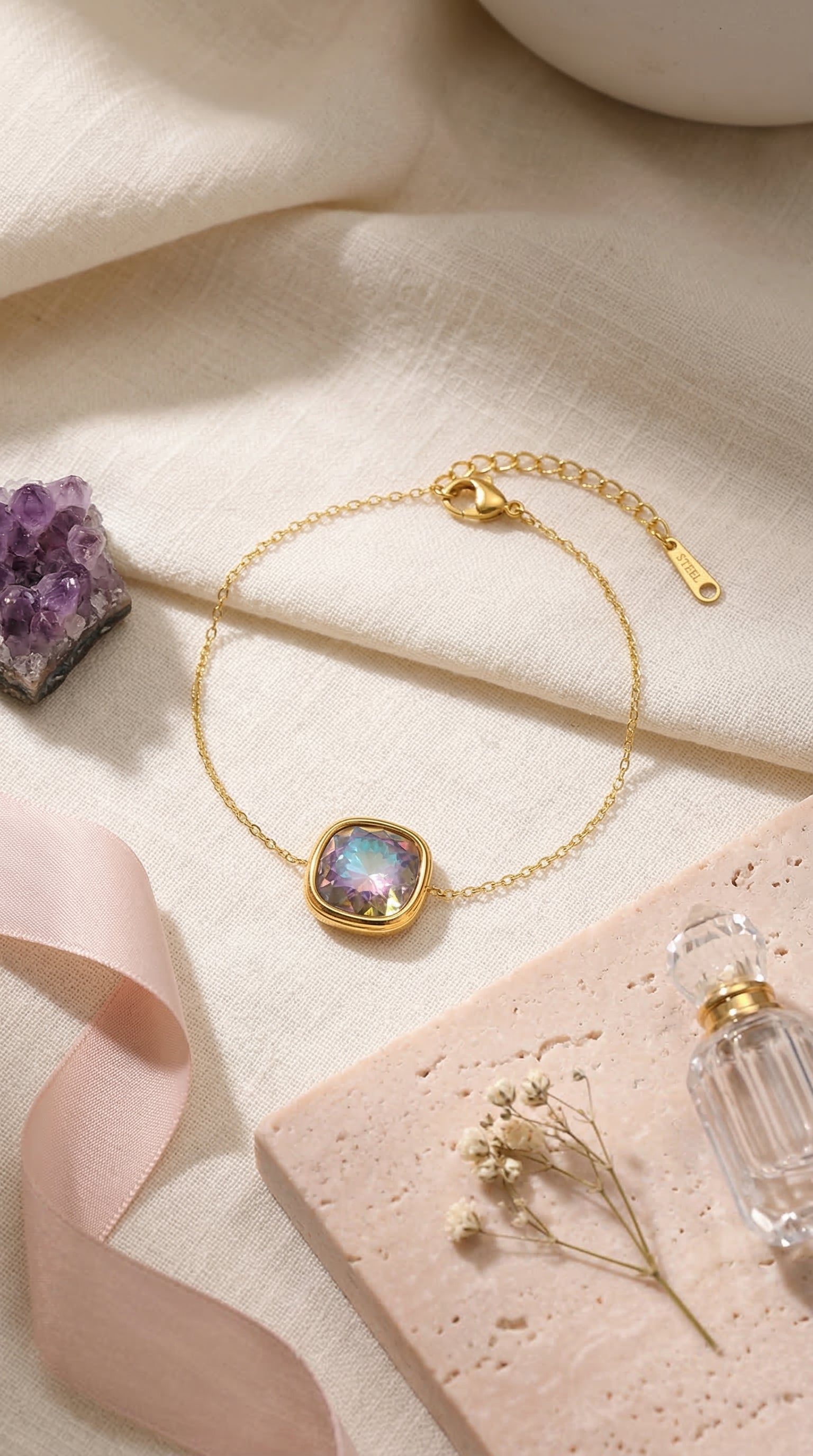 Female Stainless Steel Colored Gemstone Bracelet
