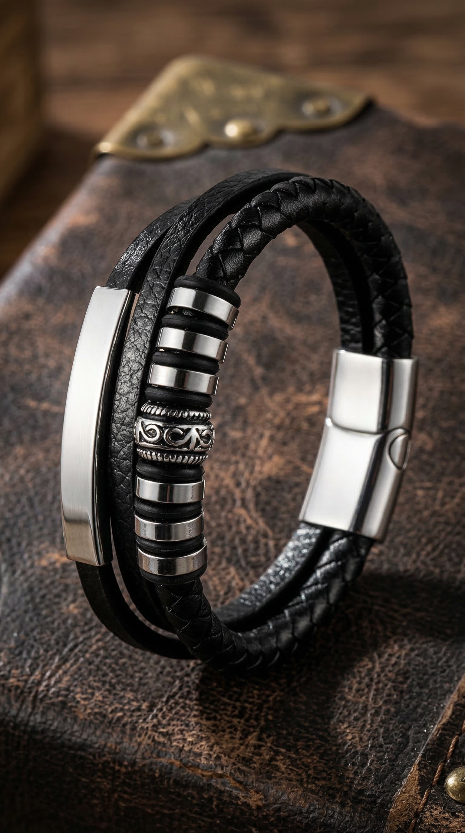 Double Layer Leather Rope Bracelet Men's Stainless Steel Genuine Leather Leather Bracelet Handmade Leather Bracelet Buckle Bracelet Jewelry