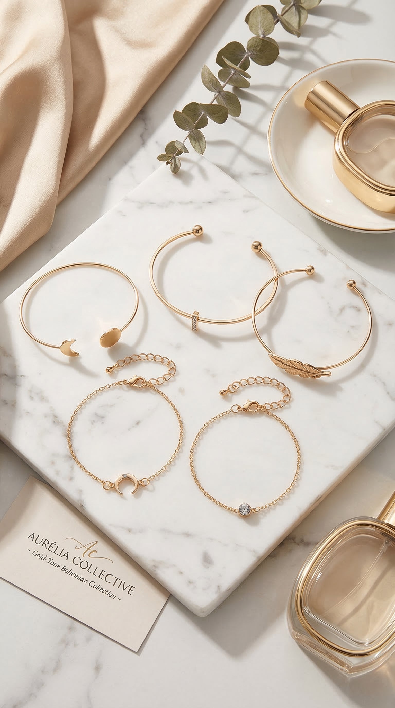Five Pieces Ladies Bracelets Boho Punk Moon Leaf Crystal Protein Bracelet Set Boho Beach Bracelet Jewelry
