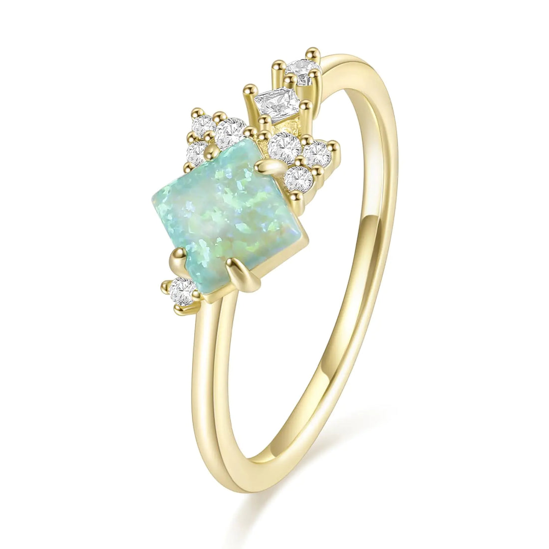 Mameloly 14K Gold Plated Created Opal Rings Princess Cut Dainty CZ Wedding Band Thin Stackable Cubic Zirconia Promise Engagement Ring for Women Size 4