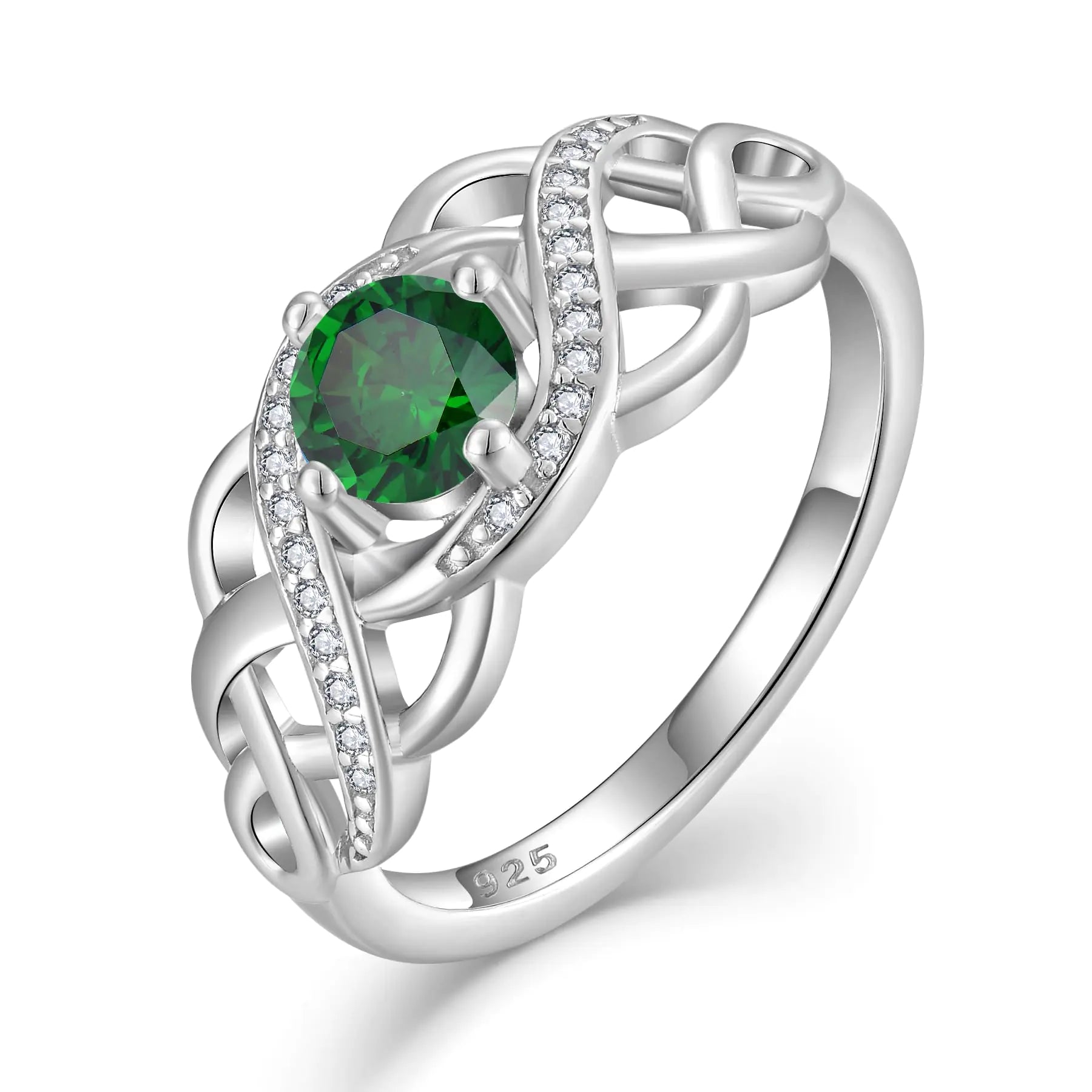 Lwsary Celtic Knot Ring 925 Sterling Silver Infinity Twisted Ring Statement Rings Simulated Emerald May Birthstone Jewelry Gifts for Women Size 6
