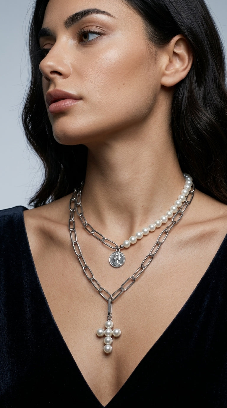 Luxury Design Imitation Pearls Choker Necklace Female Cross Pendant Necklaces for Women Gold Color Fashion Coin Jewelry