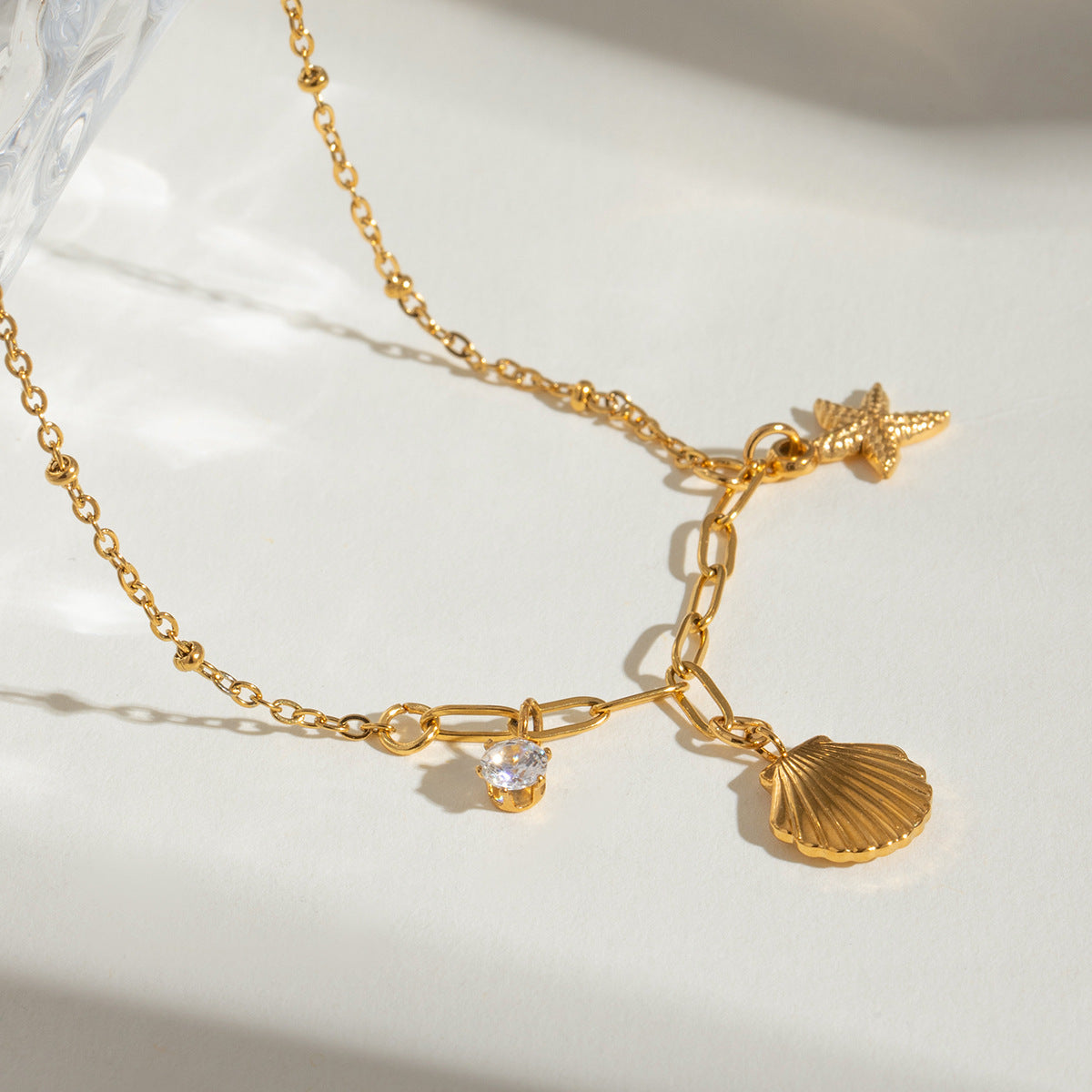 18K Gold Stainless Steel White Zircon Hammered Starfish Pendant Necklace