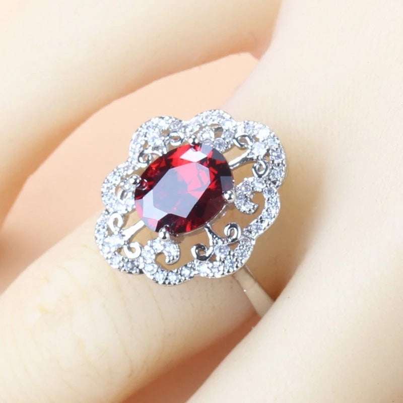 Garnet Cubic Zirconia Earrings Pendant Necklace Bracelet Ring Gift 4 PCs Set LaDidier Jewelry