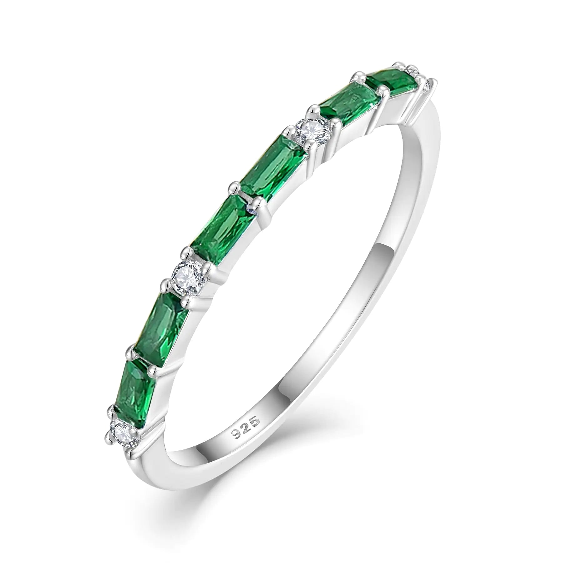 STARCHENIE 925 Sterling Silver Thin Eternity Ring for Women Half Baguette Band Created Emerald Stackable Rings Size 9