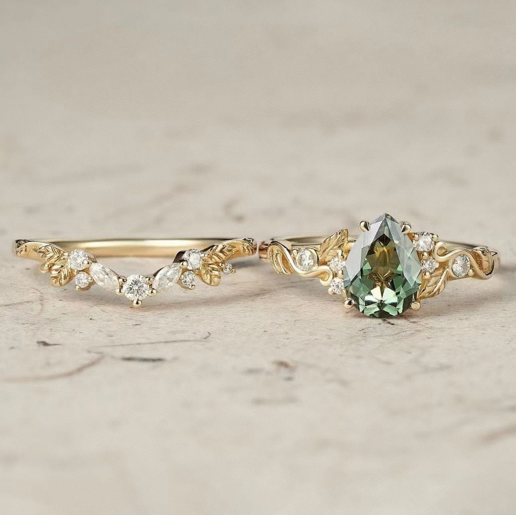 Golden Leaves And Flowers Couple Rings