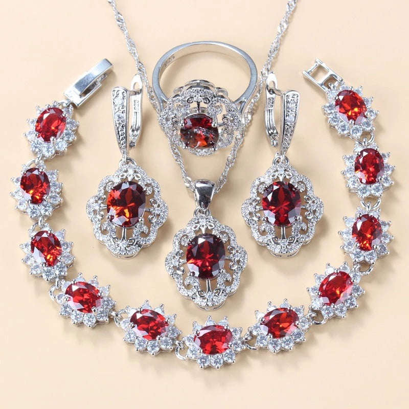 Garnet Cubic Zirconia Earrings Pendant Necklace Bracelet Ring Gift 4 PCs Set LaDidier Jewelry