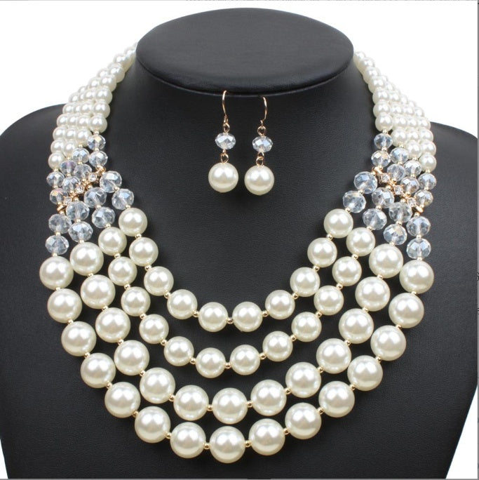 Necklace Crystal Pearl Long Necklace Earrings, Bride Jewelry Set Accessories