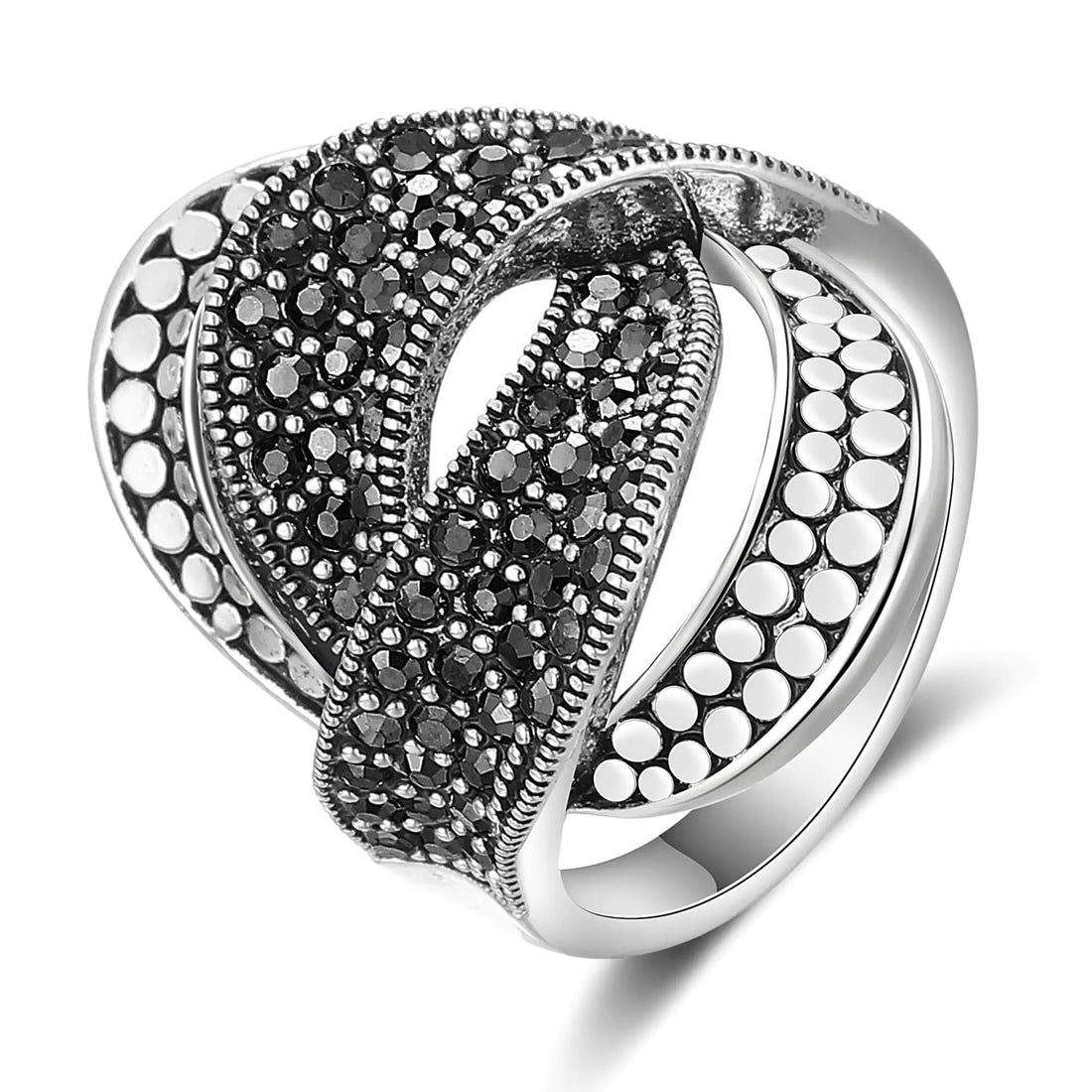 Mytys Vintage Wide Ring Classic Black Marcasite Crystal Rows Statement Silver Chunky Rings (Silver 5 8)