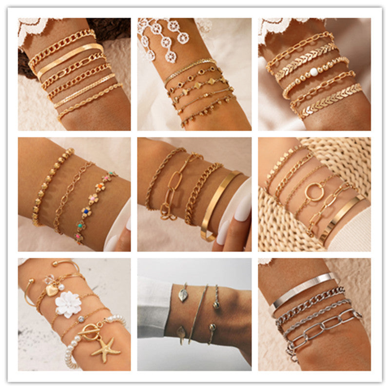 Boho Style Flower Starfish Buckle Circle Bracelet Set