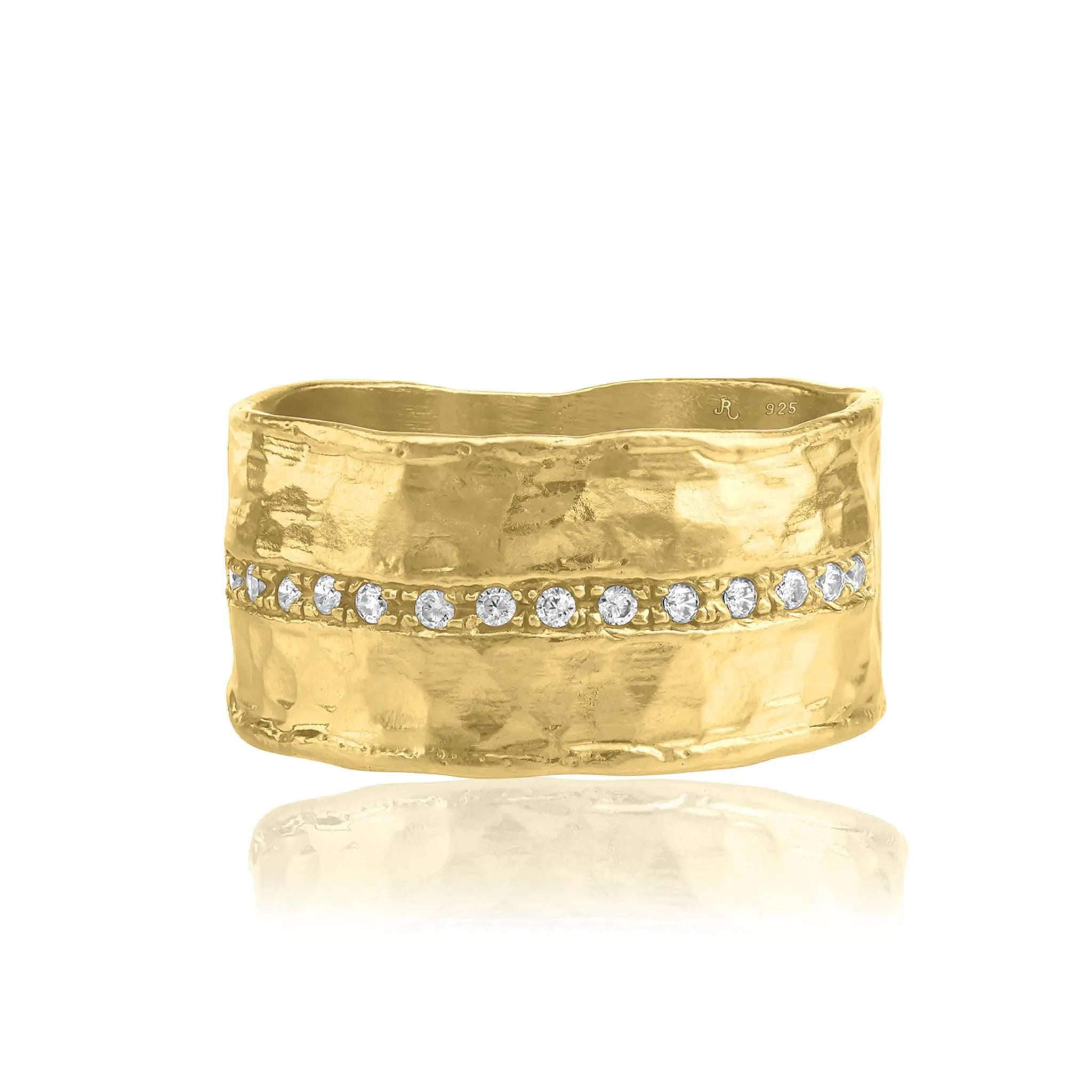14K Gold Over Sterling Silver Statement Rings With 0.13 TCW Half Eternity Cubic Zirconia Hammered Wide Band Gold Rings Gifts For Women Aesthetic Jewelry Rings For Women Jewelry For Women Size 5
