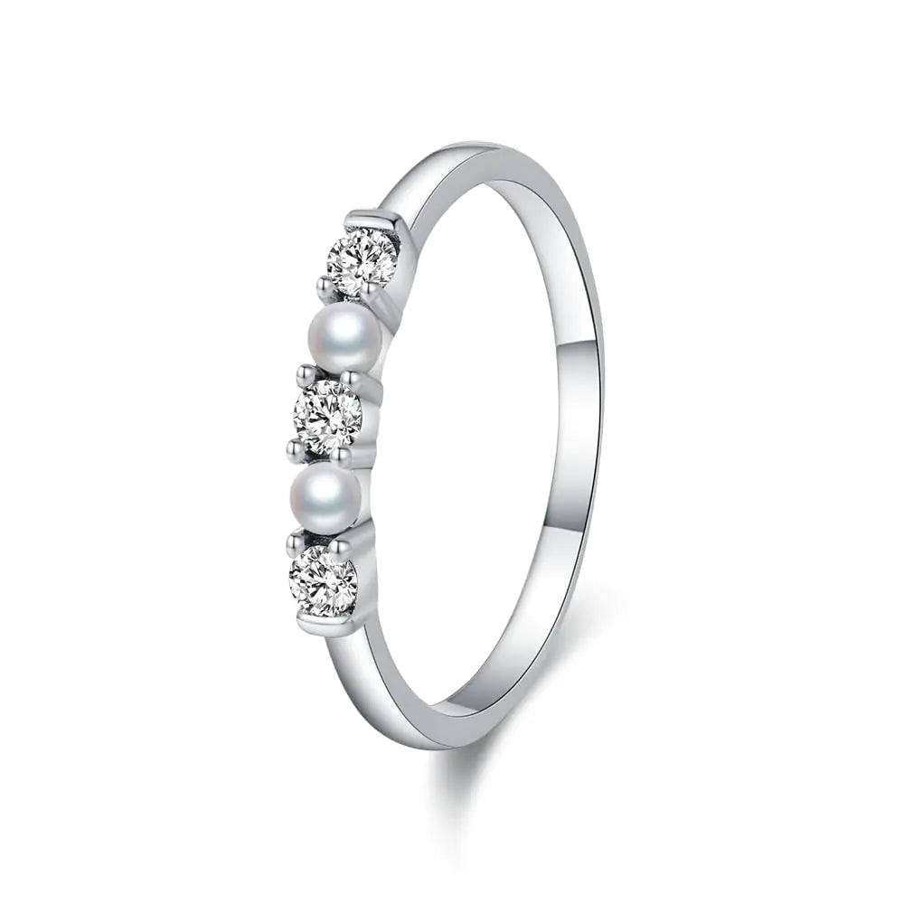 KEQ 925 Sterling Silver Shell Pearl Wedding Bands for Women Stackable Cubic Zirconia Signet Ring Dainty Statement Rings for Her Size 6-8 (CZ RING 7)