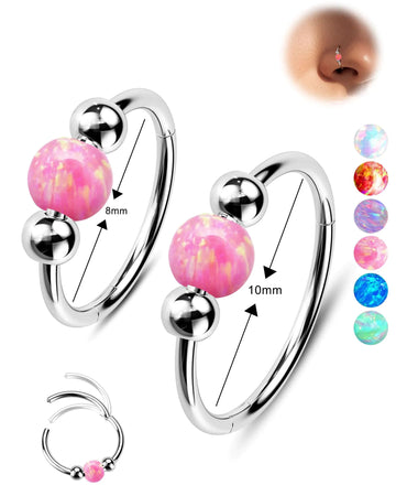 Jewseen 2PCS 316L Surgical Steel Nose Rings Hoop 18g 20g Opal Nose Rings for Women Septum Rings 8mm/10mm Nose Piercing Jewelry Cartilage Earring