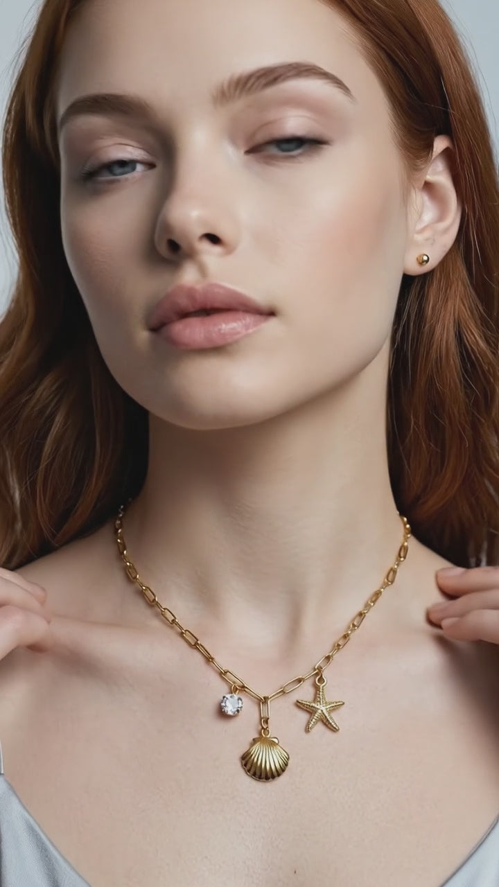 18K Gold Stainless Steel White Zircon Hammered Starfish Pendant Necklace