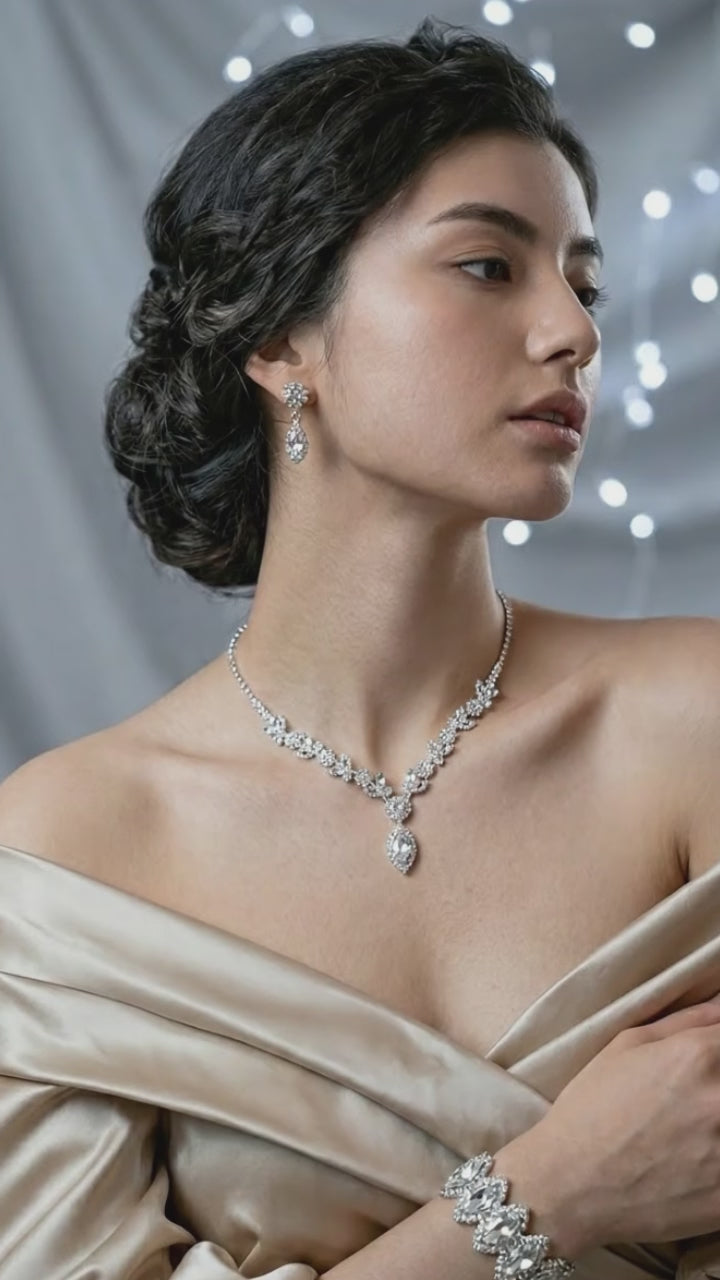 Bridal White Crystal Floral Jewelry Set
